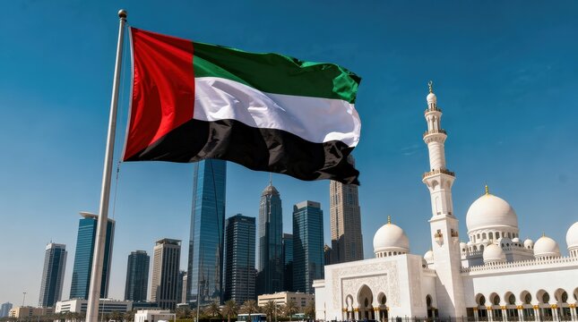 UAE flag waving against a clear sky with modern skyscrapers and the Sheikh Zayed Grand Mosque in Abu Dhabi.