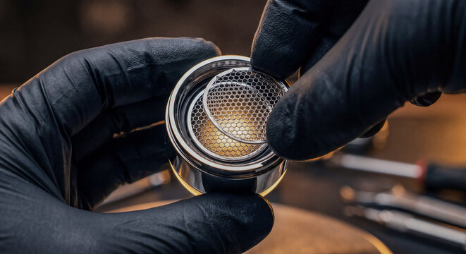Hands wearing black rubber gloves holding a disassembly chrome faucet nozzle aerator part to inspect the small wire mesh filter screen element.