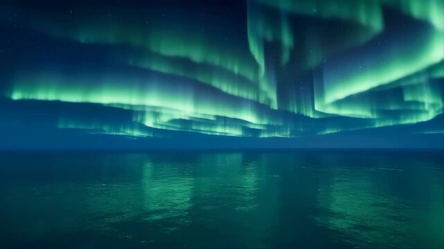 Aurora Storm Illuminating the Ocean with Vibrant Green and Blue Lights at Night Featuring Nature, Sky, Water with Reflection and Celestial Elements