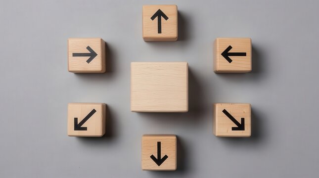 Wooden blocks with black arrows pointing in six directions surround a blank center block on a grey surface.