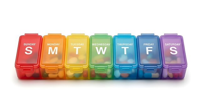 Organized Weekly Pill Organizer on Isolated White Background, Medicine Management, Top View