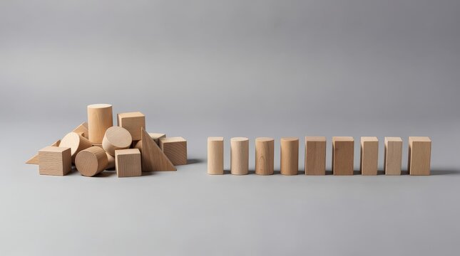 Various wooden geometric shapes arranged in two groups on a gray surface with a plain background.