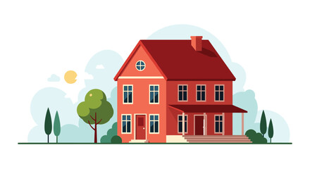 Fototapeta premium Classic two-story red house with a small porch and white windows is surrounded by lush green trees and shrubs in a yard.