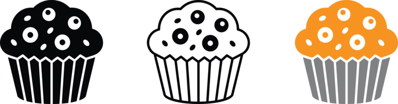 Blueberry Muffin Icon Set - Silhouette, Outline, and Colored Vector Illustration