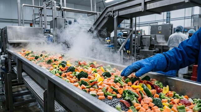 Frozen mixed vegetables on a conveyor belt in food processing plant.
