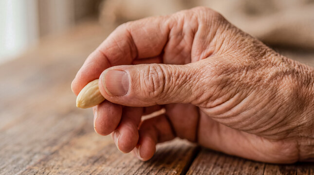 Close-up view of an elderly senior person hand gently holding a dry almond nut shell over a rustic wooden table background. Healthy organic nutrition and aging concept.
