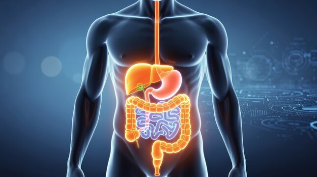 Visualization of the human digestive system highlighting the stomach, intestines, and esophagus within a translucent male torso on a digital background.