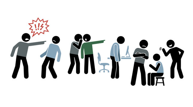 Hostile workplace scenes suitable for illustrating bullying, harassment, and negative office power dynamics in educational materials or hr training presentations.