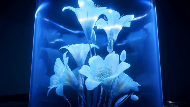 Flowers Illuminated by Blue Light in a Futuristic Biotech Setting Featuring Glowing, Water, Liquid with Modern and Technology Elements for Digital