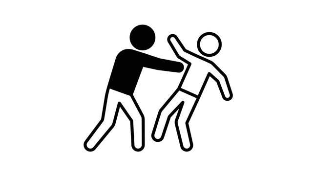 Physical aggression between black and white stick person icons depicting violent human conflict, suitable for infographics, educational materials, and presentations.