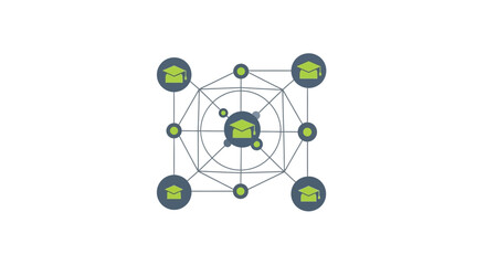 Obraz premium Conceptual Graphic of an Interconnected Education Network with Graduation Cap Icons Representing E-learning, Online Degrees, and Academic Collaboration