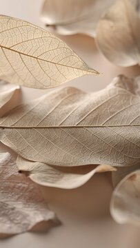 Minimalist composition of fragile dried skeleton leaves showcasing natural organic textures in beige tones