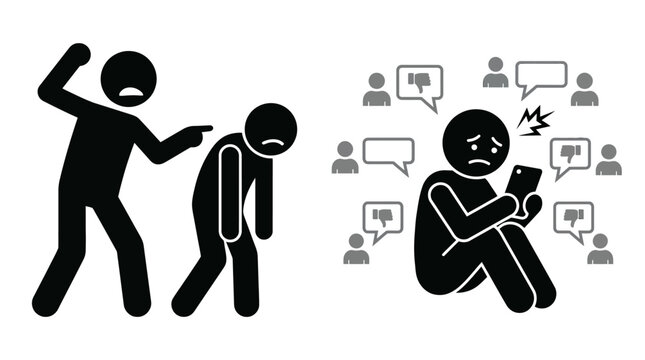 Emotional distress caused by bullying and verbal abuse on social media. Illustration suitable for mental health awareness campaigns.