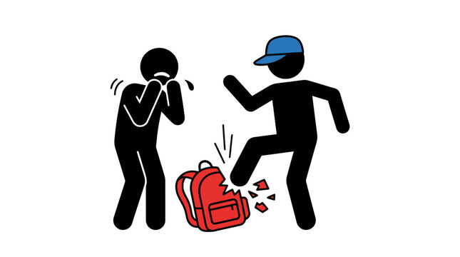 Crying victim boy bullied by aggressive bully in school incident, showing destruction of red backpack in case of violence. Suitable for antibullying campaigns and educational materials.