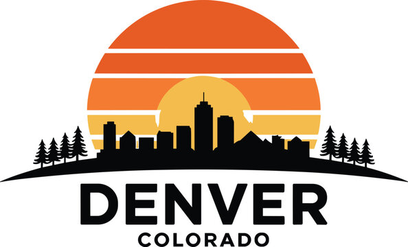 Denver Colorado skyline vector illustration with city buildings silhouette pine trees and a retro striped sunset background