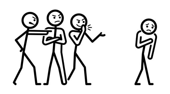 Three cruel stick figures taunting a sad lonely victim in social exclusion suitable for illustrating bullying or discrimination themes.