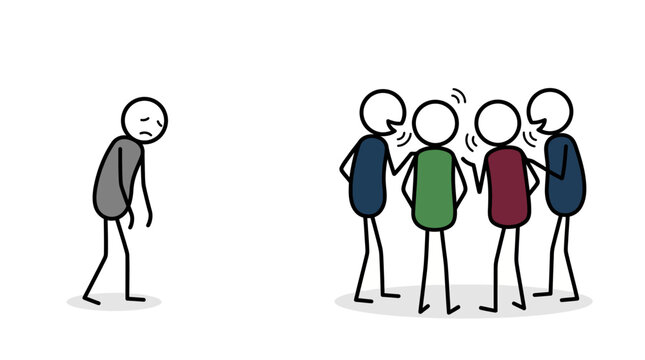 Sad, lonely stick figure isolated among lively, chatty group  emotion, social exclusion, alienation, loneliness, contrast concept, mental health.