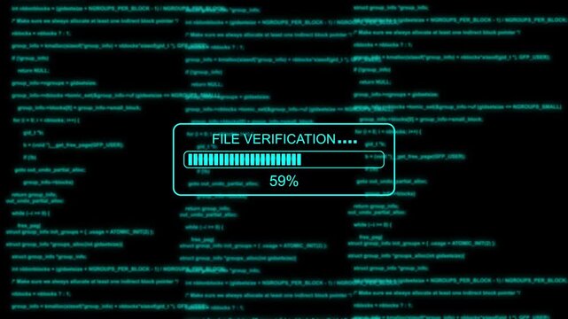 Digital file verification progress bar with glitch effect and scrolling source code background loading