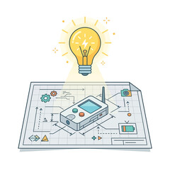 Glowing lightbulb highlights handheld device schematic on blueprint, suitable for technology concept designs, engineering presentations, educational materials. © Luqman