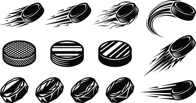 Ice hockey puck vector illustration set with flying fast motion trail lines flame fire texture and textured ice patterns.