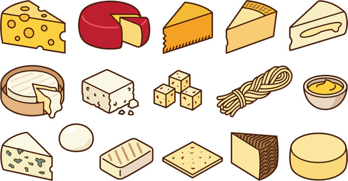 Cheese variety vector icon set illustration of different types like gouda cheddar brie blue parmesan and swiss dairy.
