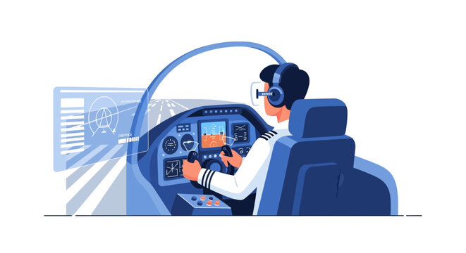 Modern Vector Illustration of a Professional Pilot in an Airplane Cockpit with VR Headset and Flight Simulator Digital Dashboard