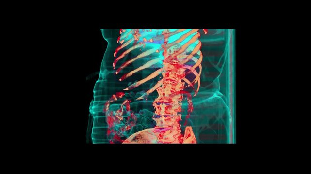 3D volume rendered NCCT KUB scan reconstruction of human lumbar spine and ribs with cyan soft tissue contour overlay