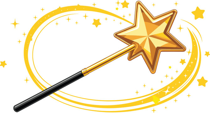 Golden star magic wand vector illustration with sparkly trail and glowing dust isolated on white background for fantasy designs