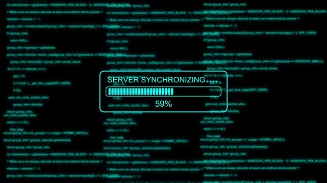 Server synchronizing progress bar with digital programming code background, synchronization loading