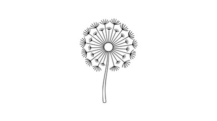 Elegant black and white line art vector icon of a dandelion puff with floating seeds, suited for spa logos, organic packaging, or ethereal stationery designs needing refined hand-drawn botanical image © Saif