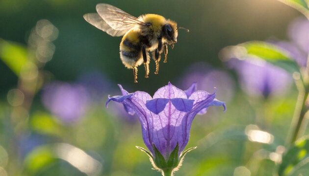 A bumblebee hovers over a sunlit purple bellflower in a meadow, perfect for pollinator awareness, gardening promotions, and biodiversity education.
