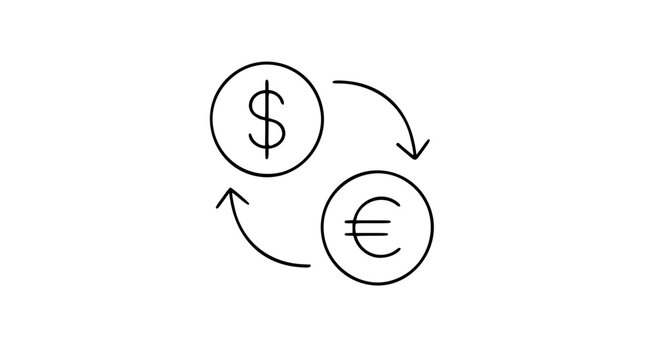 A clean black and white line art vector icon depicting currency exchange arrows and symbols, ideal for financial applications, banking websites, or fintech platform interfaces.