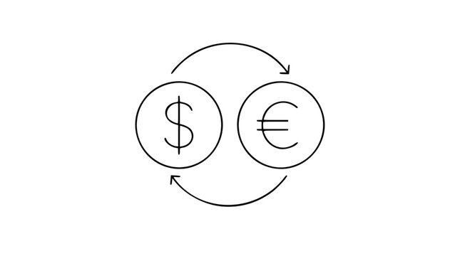 A clean black and white line art vector icon showing currency exchange with circular arrows, suitable for mobile banking apps, cryptocurrency platforms, or economic educational tools.