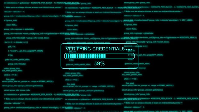 Digital credential verification loading screen with glitch effect and source code background credentials