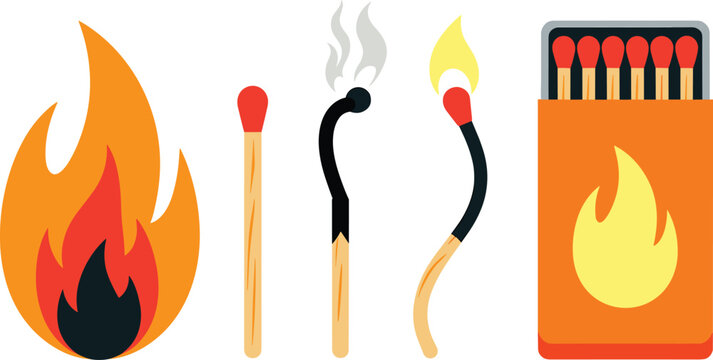 Safety matchstick elements set with matchbox bonfire flame burning and burnt matches vector illustration isolated on white background
