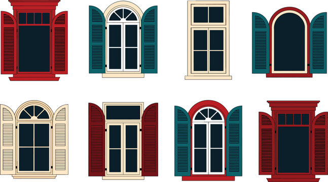 Vintage window frames set with open wooden shutters and arched glass panes vector illustration isolated on white background