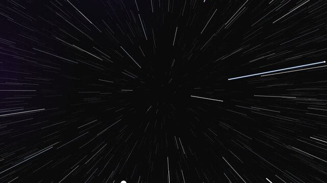 Hyperjump Warp Speed Starfield Motion with White Particle Rays and Light Trails on Black Background for Sci-fi Space Travel