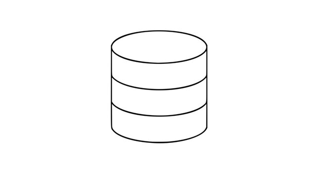 A clean black and white line art vector icon of a database cylinder, perfect for technology dashboards, data architecture, or software development visuals.