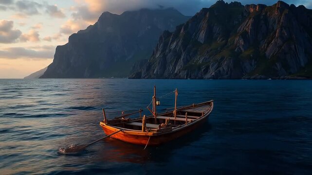 Real smoky mountain-sea clip with tiny wooden fishing raft bathed in sunset glow, warm orange tones against dark blue peaks, slow wide shot with rippling water, drifting mist and soft natural lighting