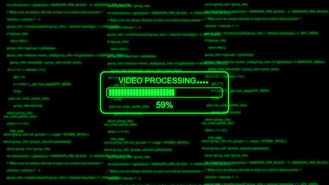 Digital processing loading bar with glitch effect and green programming code background, coding software