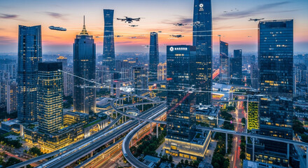 Fototapeta premium Futuristic Smart City Metropolis with Flying Vehicles and Advanced Transport System