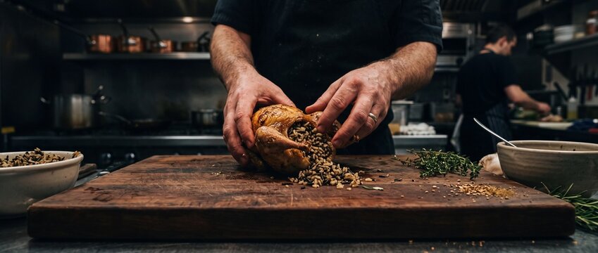 Chef stuffing roasted quail with herbs and grains on cutting board, preparing game bird dish in professional kitchen.