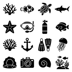 Black silhouette icons of marine wildlife and scuba diving recreational gear © md aiub 
