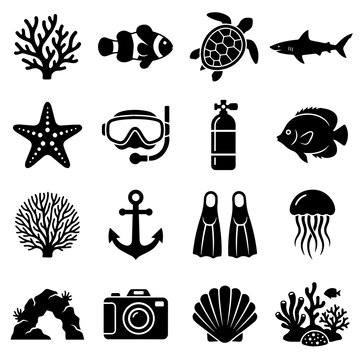 Marine biology and scuba diving silhouette icons set with underwater, snorkeling