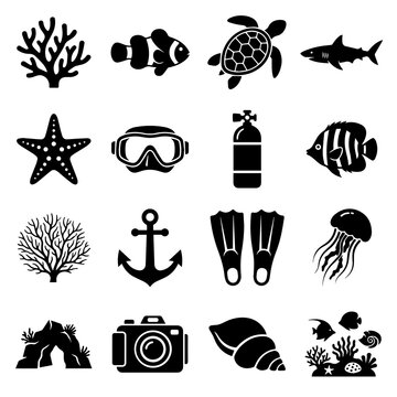 Underwater marine life and diving equipment icon set with underwater, snorkeling