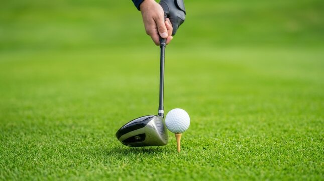 Golfer hitting ball on tee, golf ball in front of club, person holding club on golf course