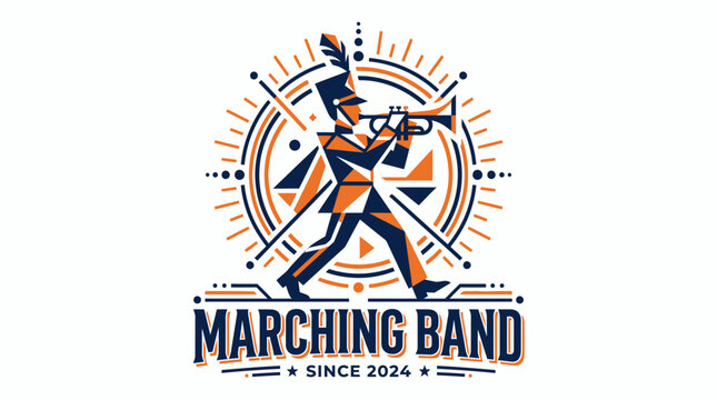 Vibrant marching band logo with dynamic geometric runner and retro color scheme for group performance with highlighted geometric patterns circular frame highlighted