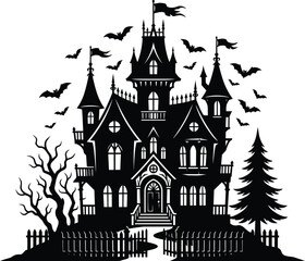 Fototapeta premium Spooky halloween night haunted house with bats and fence on white background