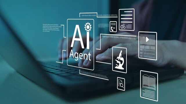 Concept of an AI Agent executing multi-tasking operations. Virtual interface illustrates artificial intelligence, machine learning, smart productivity, and business automation.