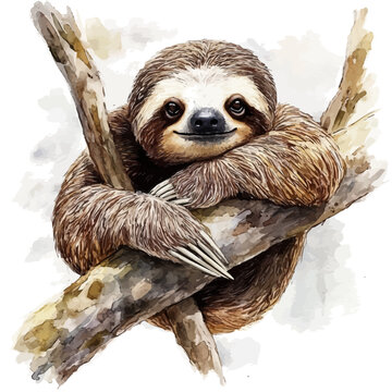 Sloth, refined watercolor illustration with luminous tones and soft layered brushwork, isolated on a white background.